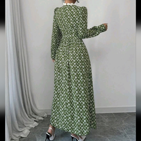 Women's Woven Printed Button Front Cinched Waist Long Sleeve Dress - Picture 2 of 4